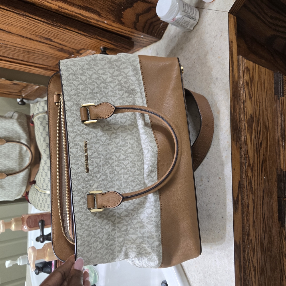 Michael Kors Brown and Cream Satchel with Structured Design
